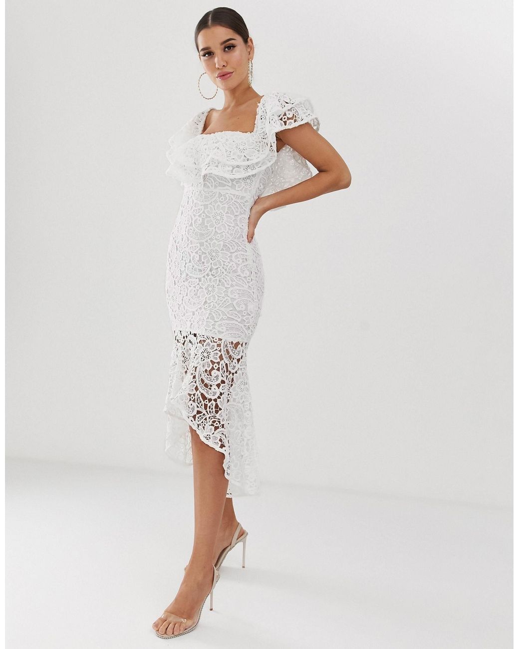 Club L London Club L Bardot Ruffle Lace Midi Dress in White | Lyst