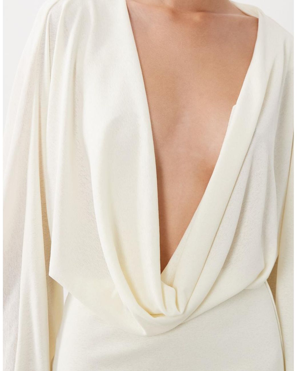 SNDY'S White Premium Jersey Deep Cowl Neck Flared Sleeve Mini Dress