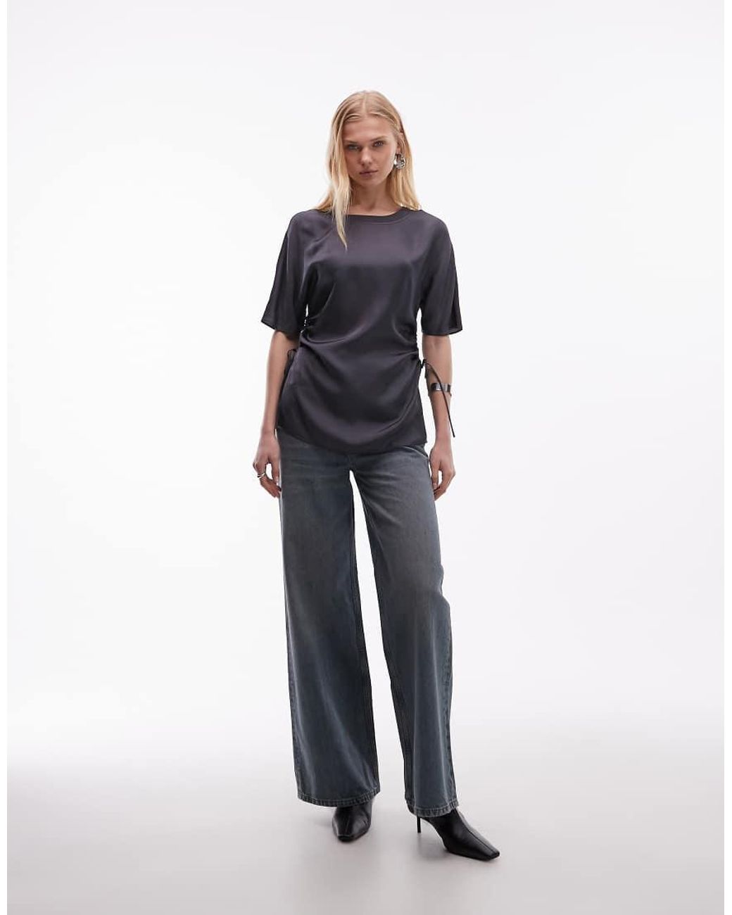 ARKET Blue Satin Longline T-shirt With Ruched Waist
