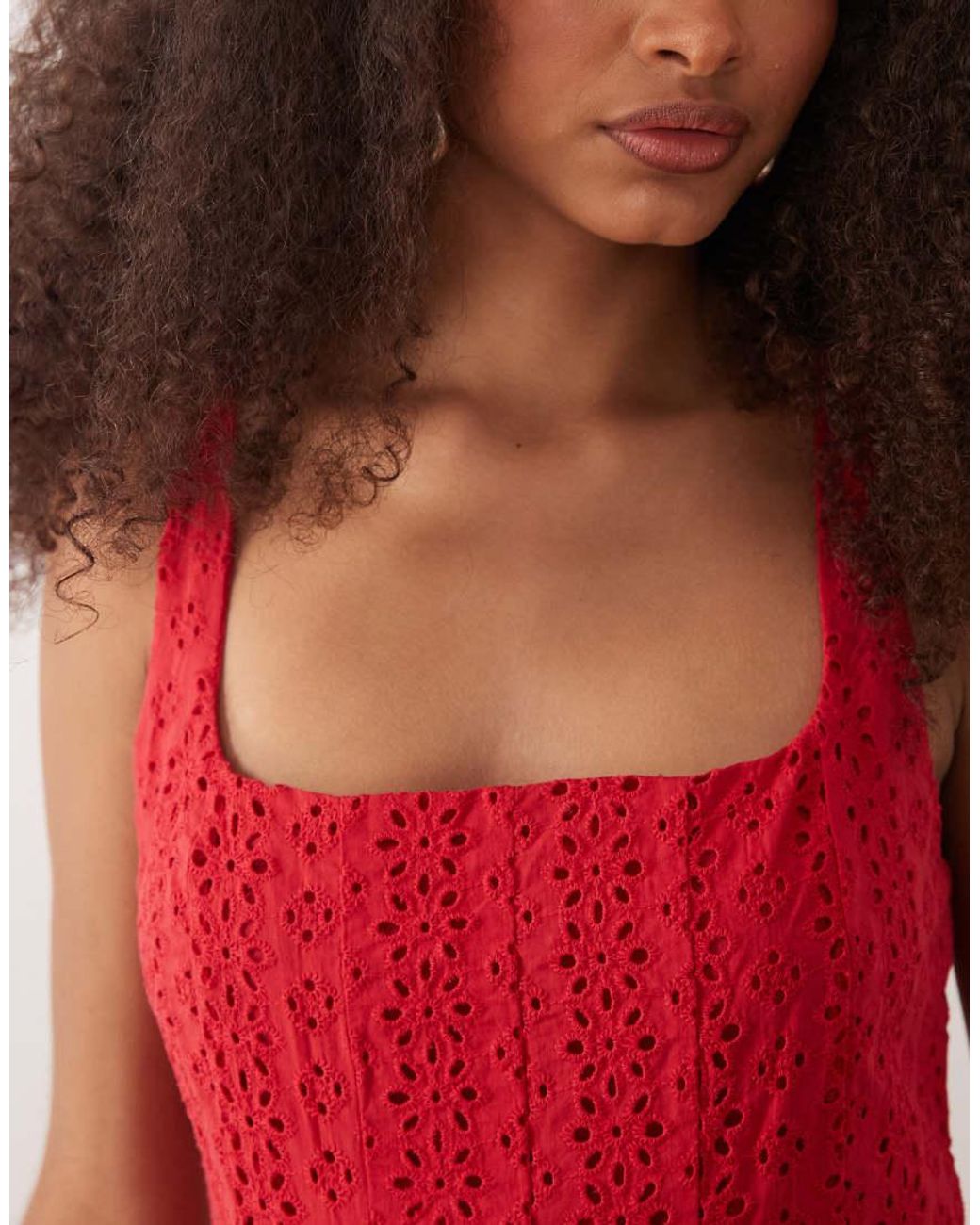 Mango Red 100% Cotton Square Neck Sleeveless Embroide Midi Dress