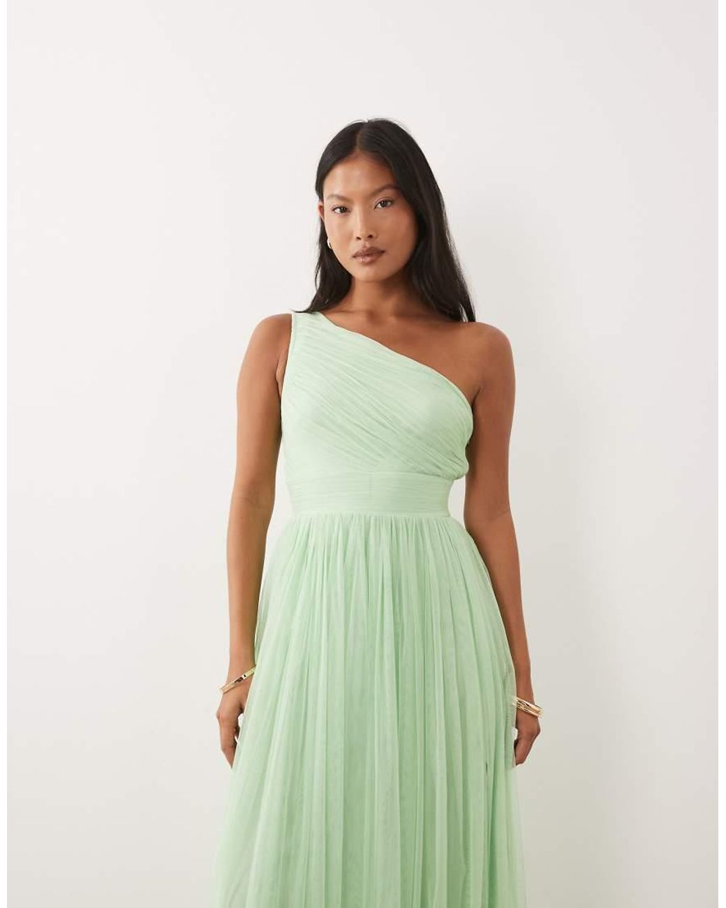LACE & BEADS Green Bridesmaid Tulle One Shoulder Fitted Waist Maxi Dress