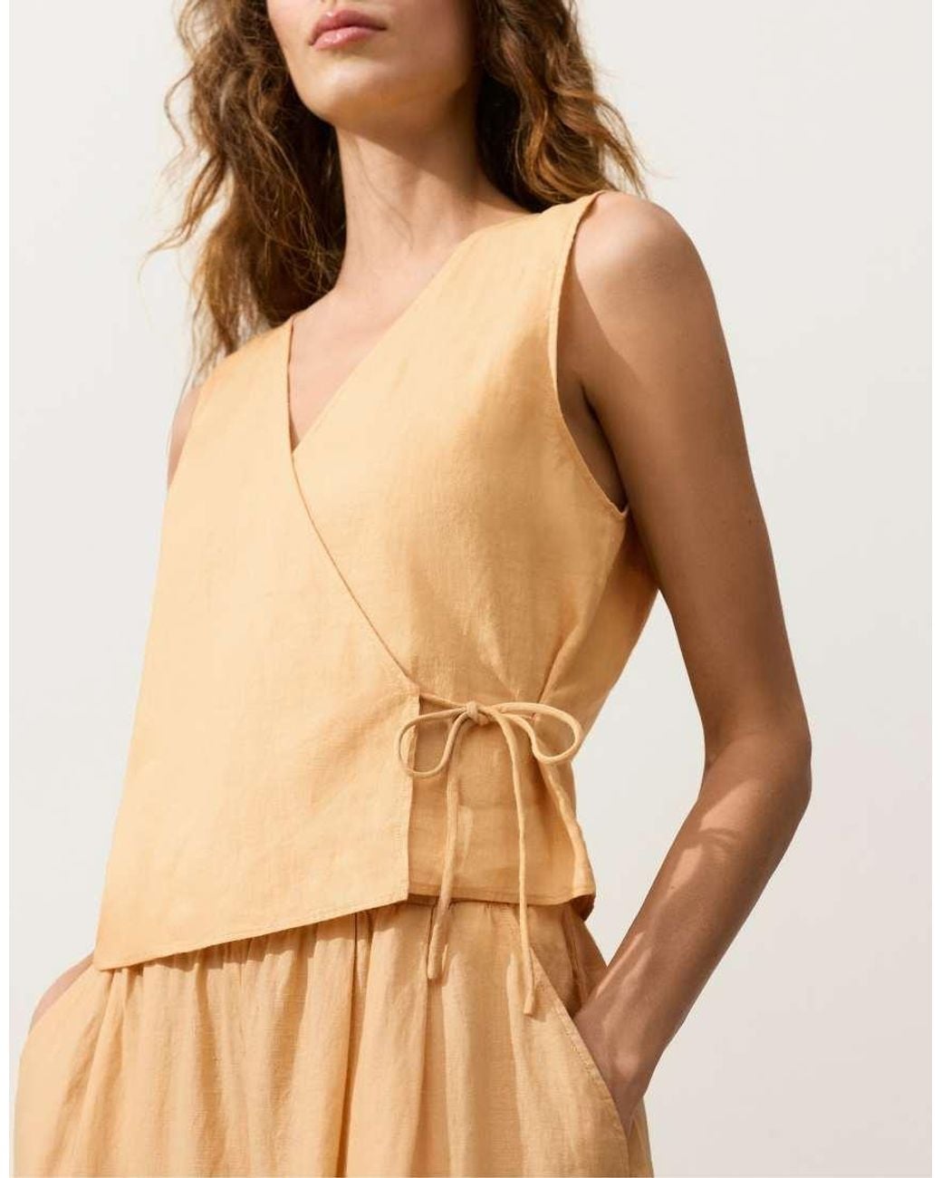 Oysho Natural 100% Linen Square Neck Crossover Tie Top
