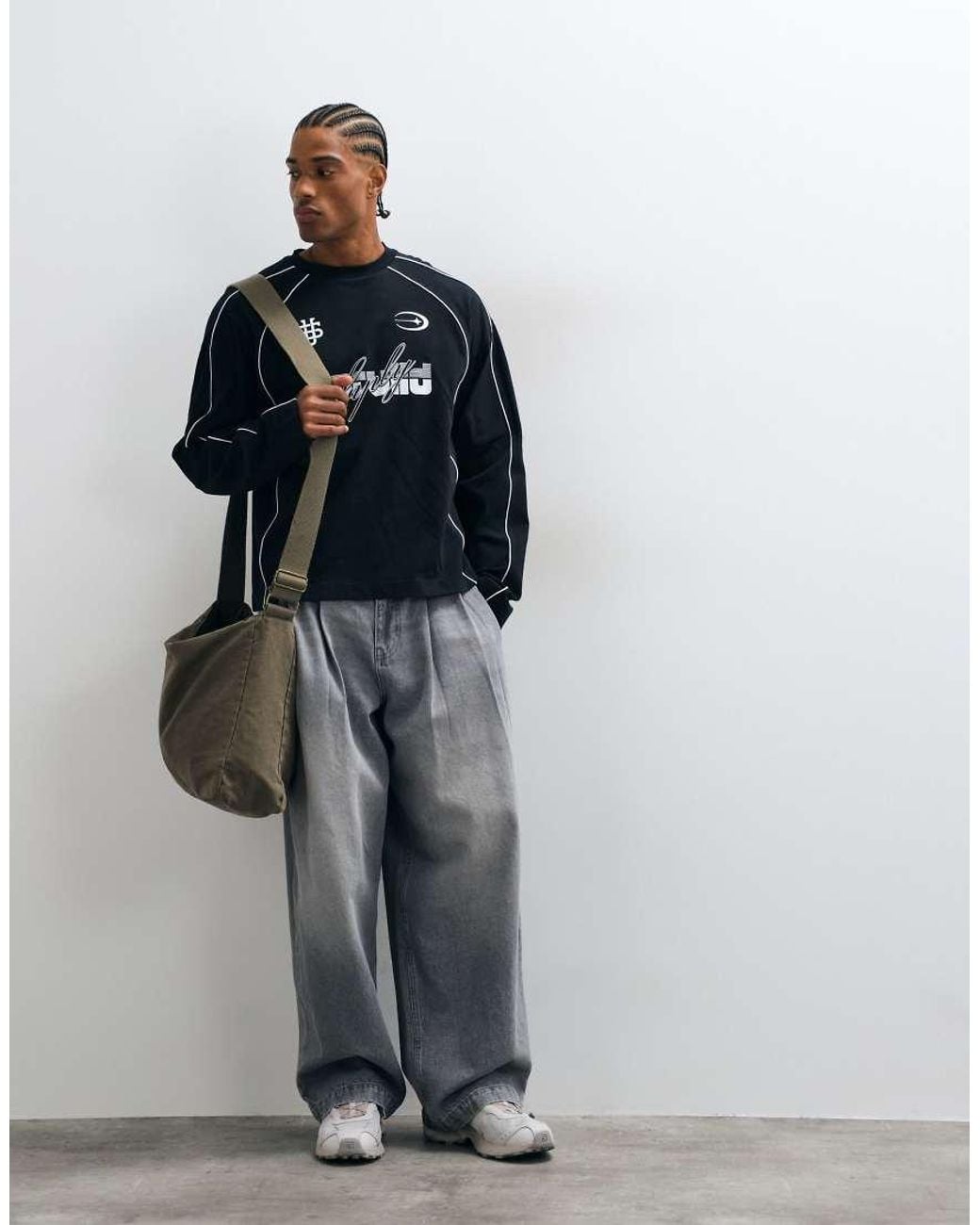 ASOS Blue Boxy Oversized Long Sleeve Top With Logo Print for men