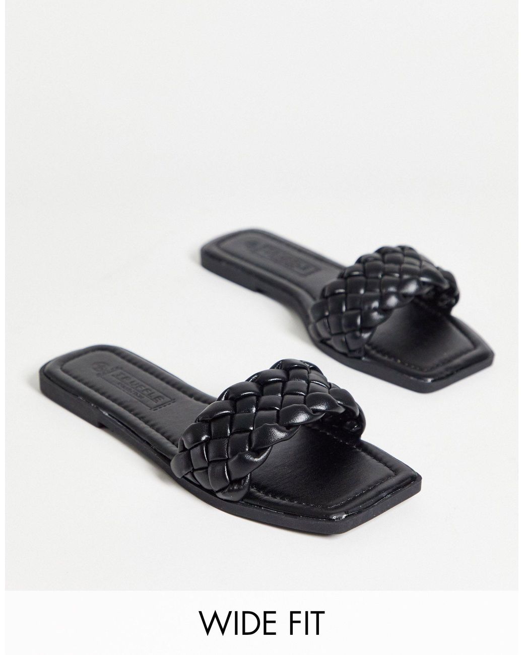 Truffle Collection Wide Fit Square Toe Flat Sliders in Black | Lyst