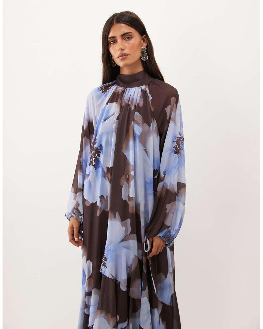 TFNC London Blue Chiffon High Neck Tiered Hem Maxi Dress