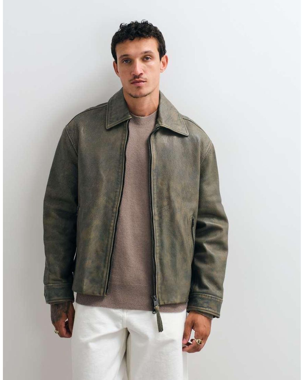 AllSaints White Garrison Zip Up Leather Jacket for men