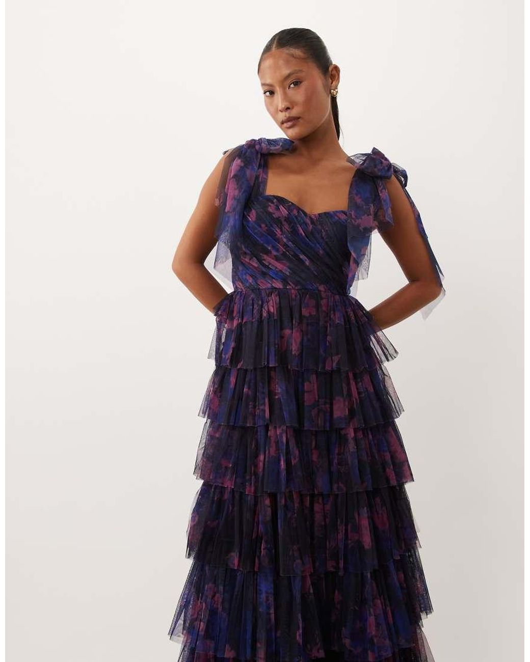 LACE & BEADS Blue Bridesmaid Bow Shoulder Tulle Tiered Maxi Dress