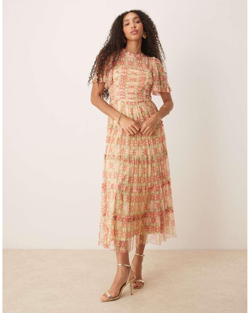 ANAYA Natural Floral Print Gathered Midaxi Dress