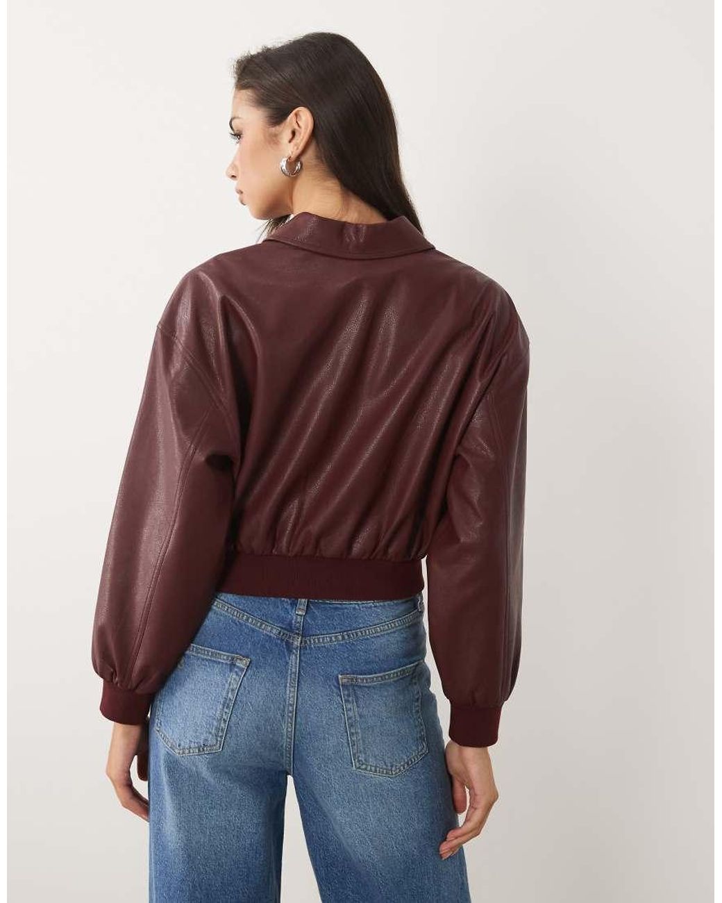GOOD AMERICAN Brown Faux Leather Cropped Bomber Jacket