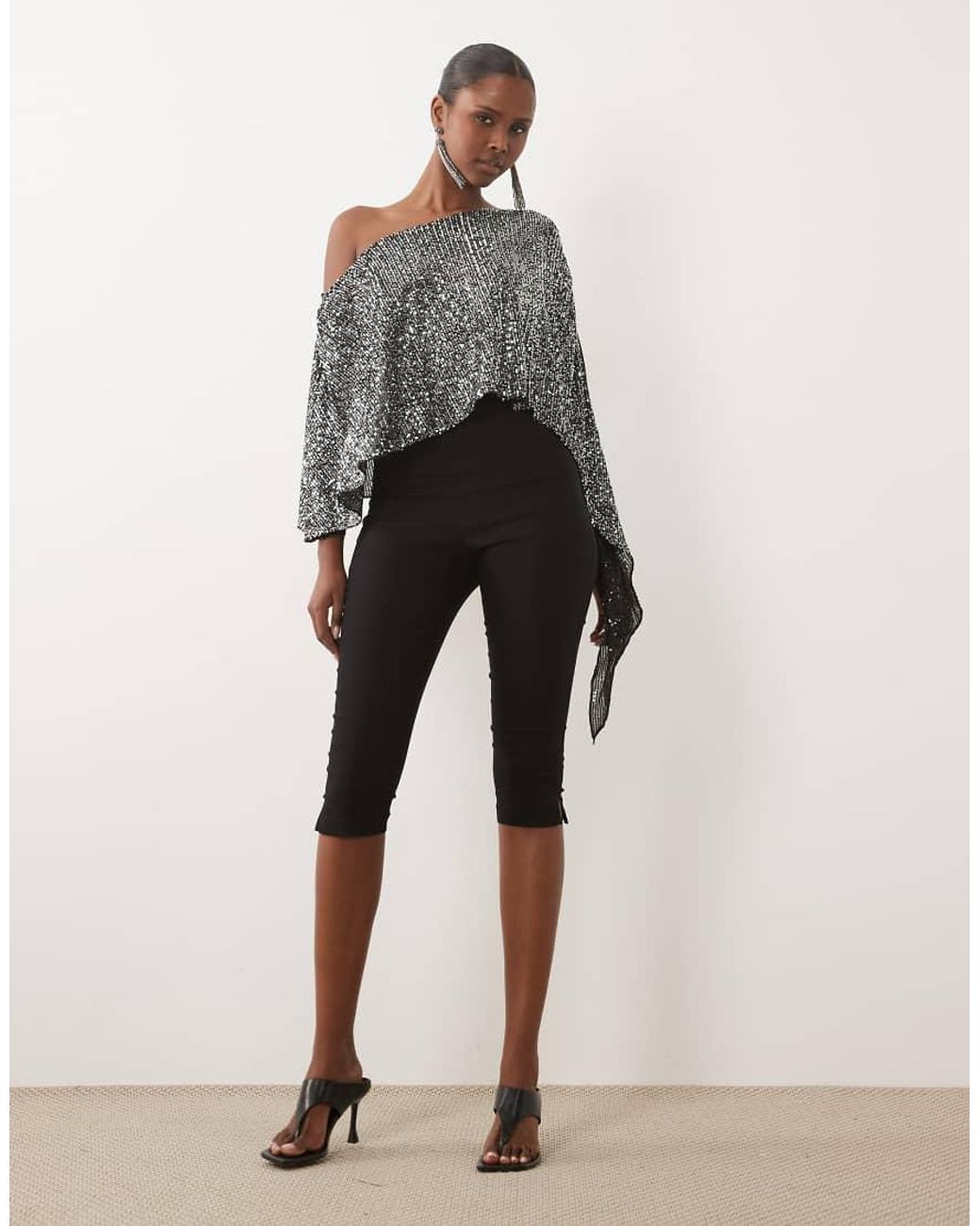 ASOS Gray Sequin Asymmetrical Off The Shoulder Cape Sleeve Top