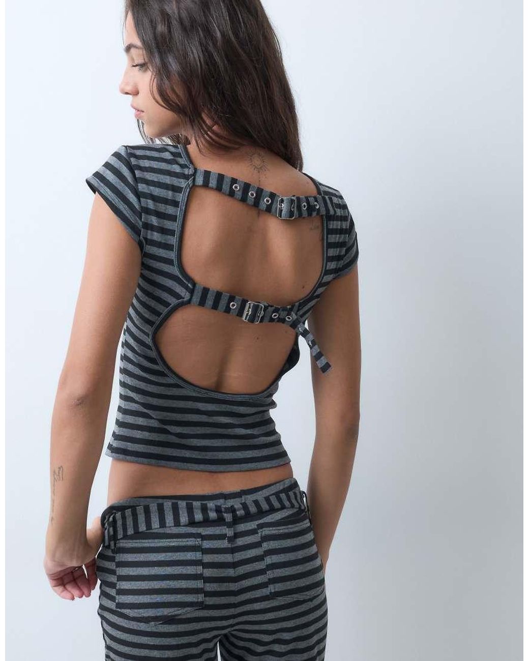 The Ragged Priest Blue Cap Sleeve Baby Tee With Open Back
