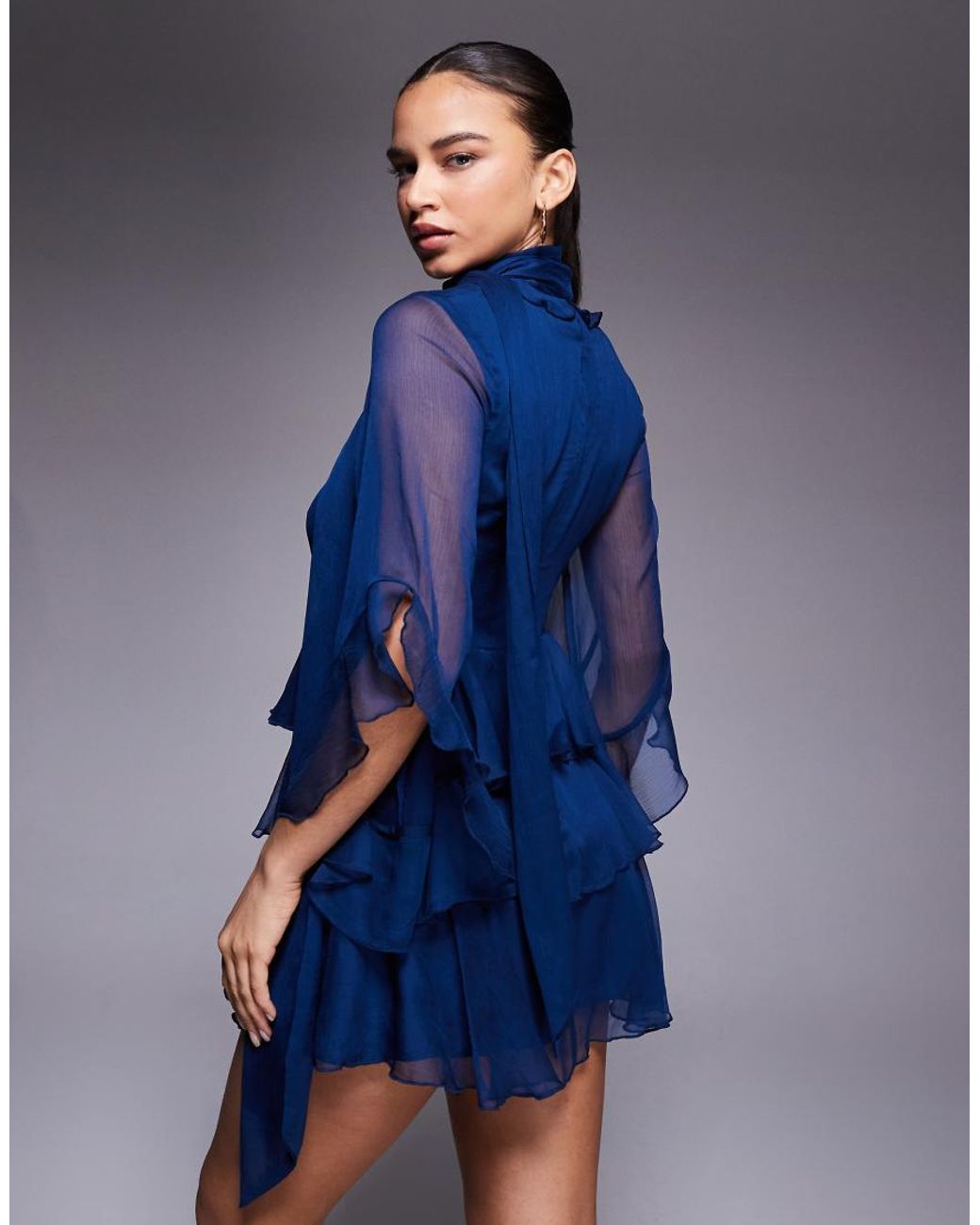 Bardot Blue Norah Chiffon High Neck Ruffle Detail Tiered Mini Dress