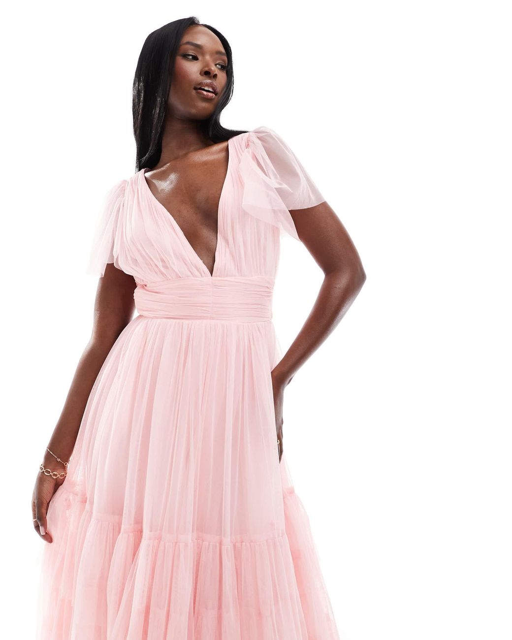 LACE & BEADS Bridesmaid Madison V Neck Tulle Midi Dress in Pink | Lyst