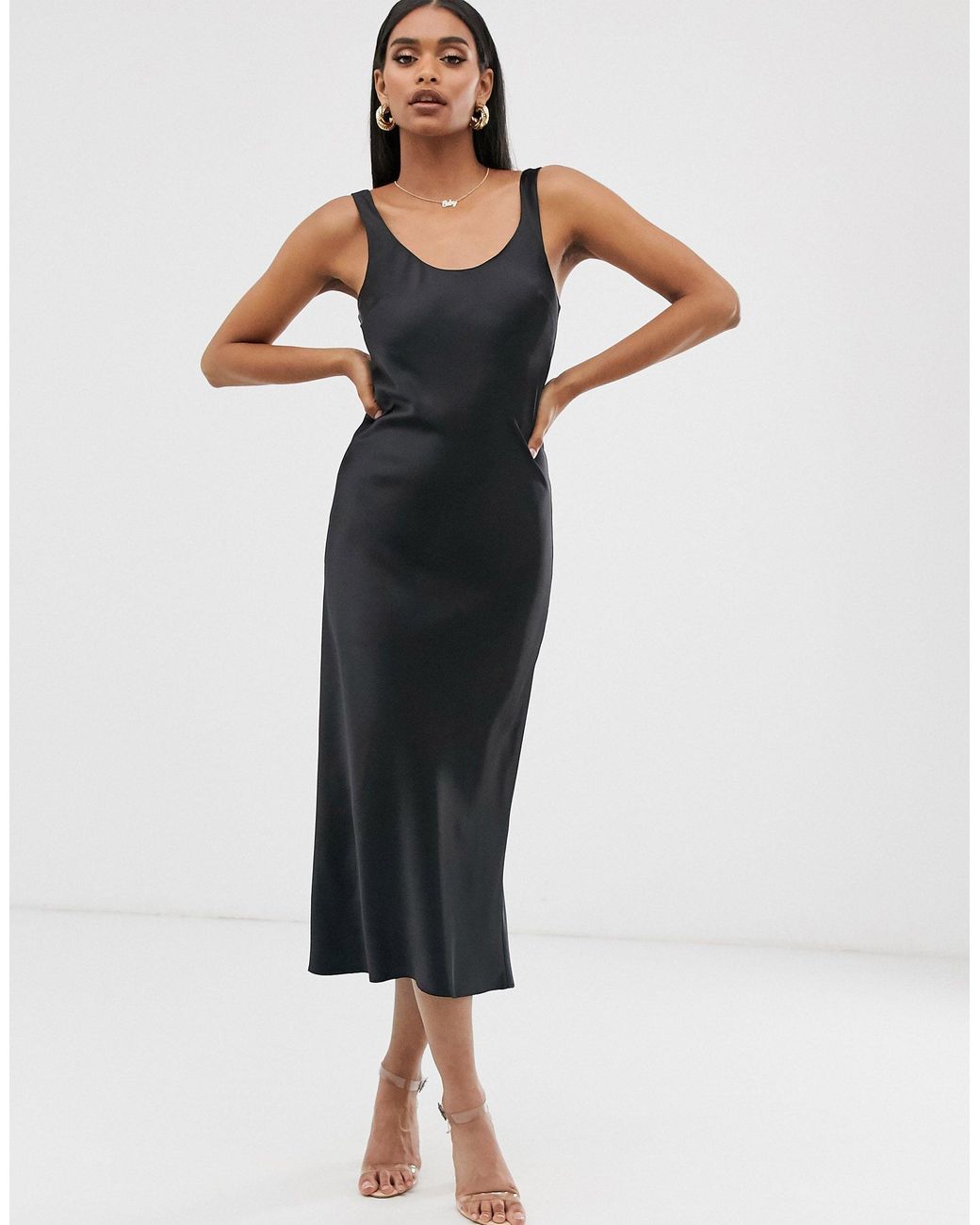 black satin slip midi dress