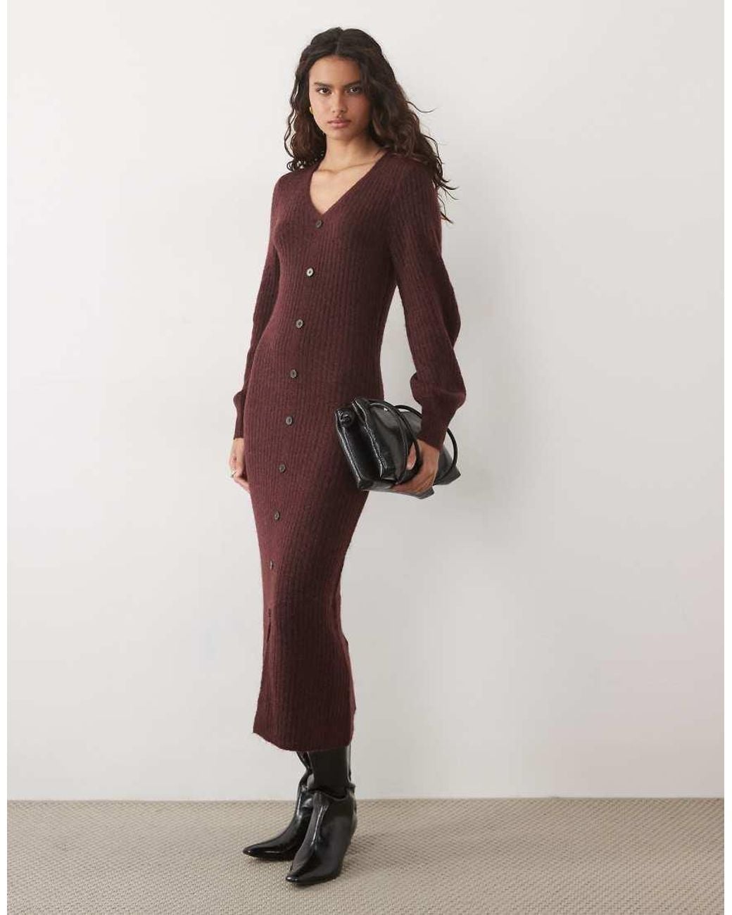 Y.A.S Red Button Front Balloon Sleeve Knitted Maxi Dress