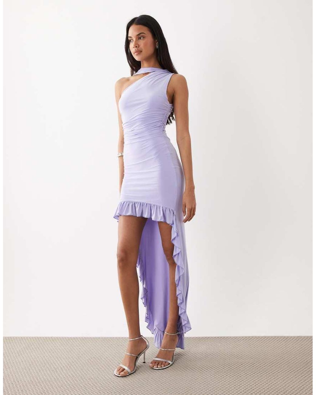 Kaiia Purple Exclusive Double Layered Slinky One Shoulder Scarf Detail Ruffle High-low Mini Dress