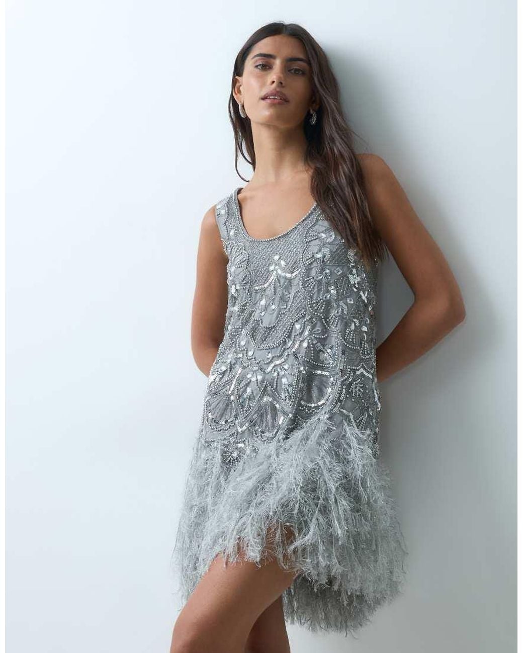 ASOS Gray Embellished Scoop Neck Mini Dress With Faux Feather Hem