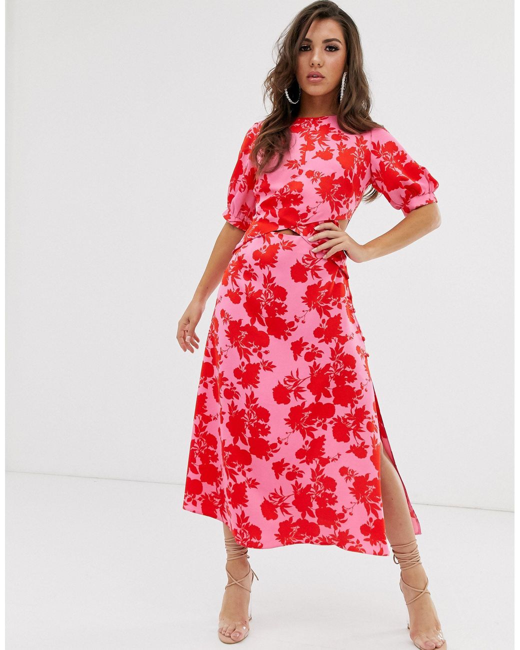 ASOS Puff Sleeve Wrap Front Midi Dress With Cutout in Red | Lyst