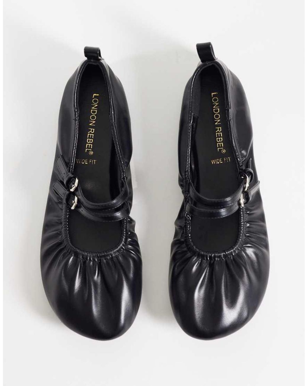 London Rebel Black Mia Strappy Ruched Ballet Flats