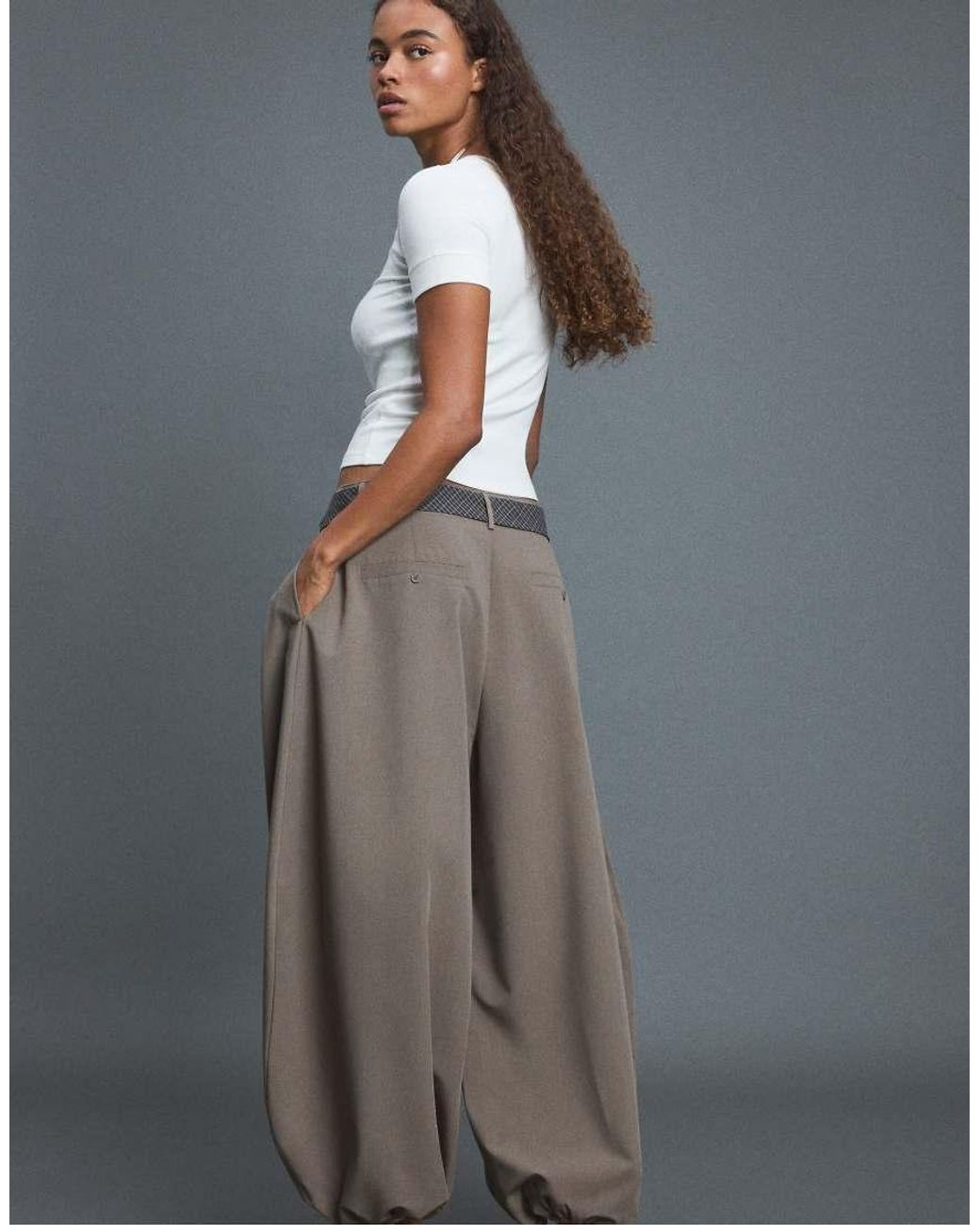 Stradivarius Gray Voluminous Sarouel Trousers With Tie Belt