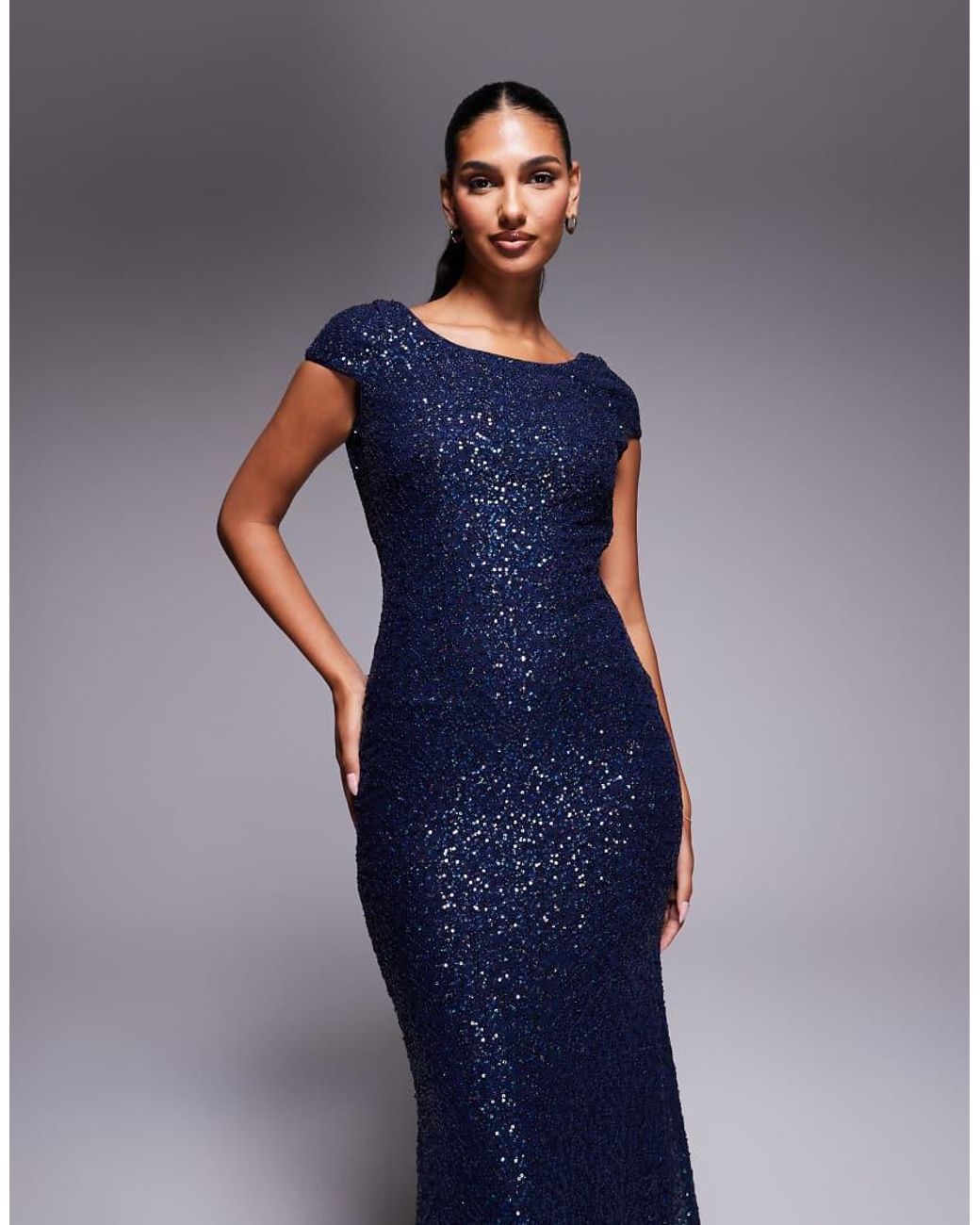Goddiva Blue Cowl Back Sequin Maxi Dress