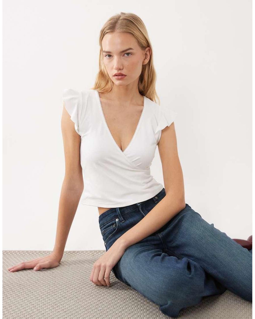 Miss Selfridge Blue Top With Angel Sleeves And Lace Trim