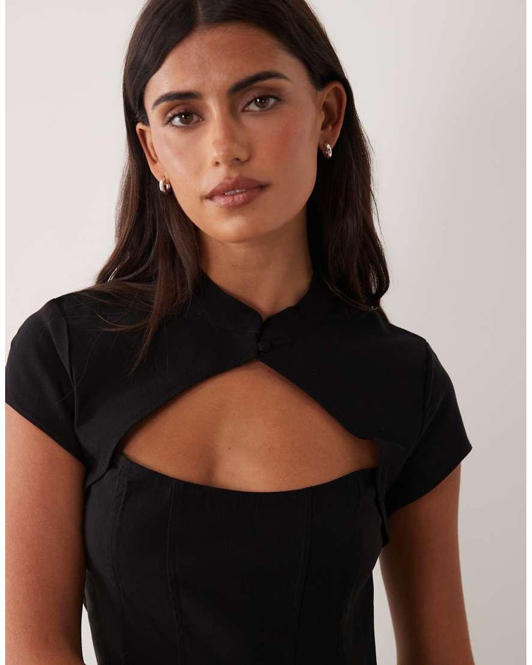 New Look Black Bengaline Corset Detail Mandarin Collar Top