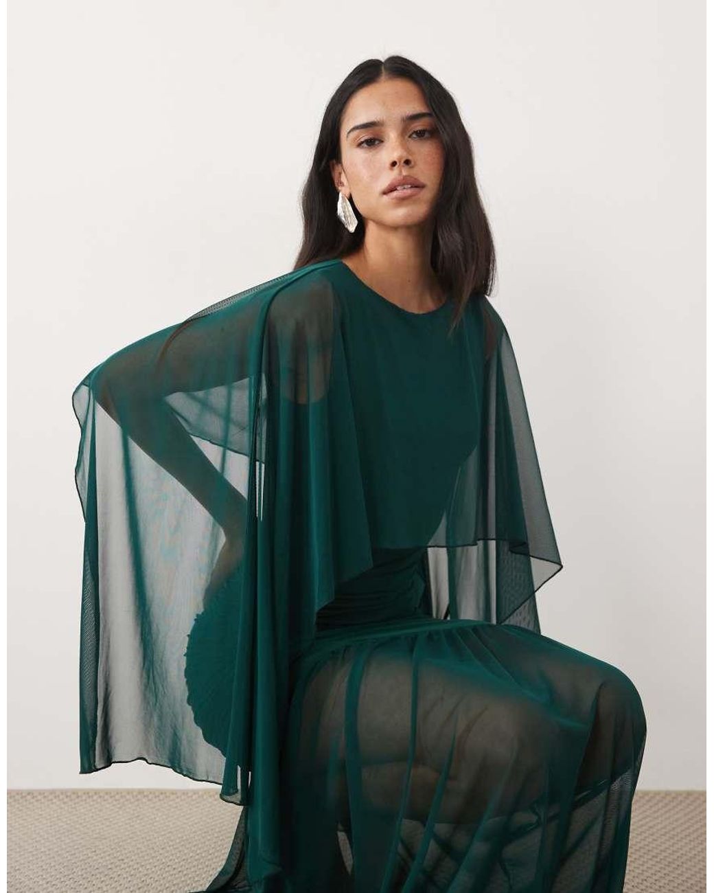 Kaiia Green Exclusive Double Layered Slinky Drop Waist Floaty Mesh Cape Overlay Sheer Hem Maxi Dress