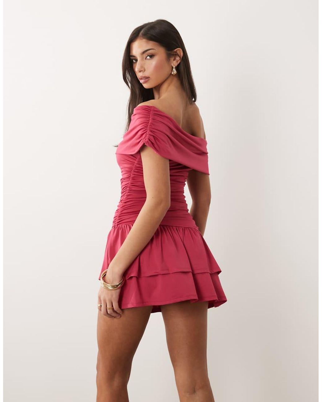Aria Cove Red Slinky Drape Asymmetric Shoulder Mini Dress