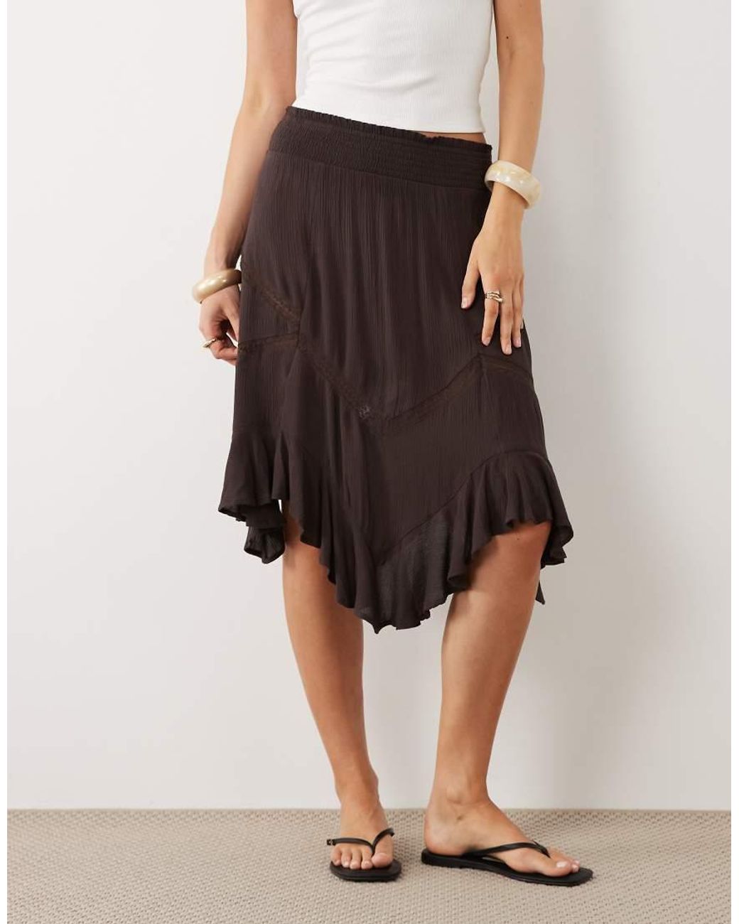 New Look Natural Asymmetric Lace Insert Midi Skirt
