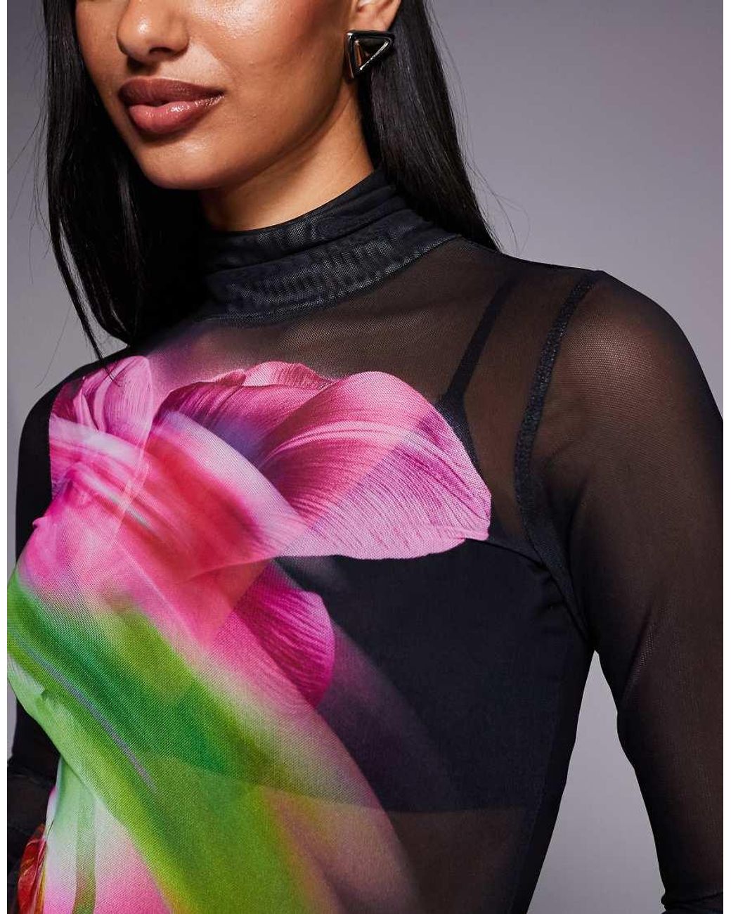 AFRM Black Zadie Long Sleeve Mesh Turtleneck Top