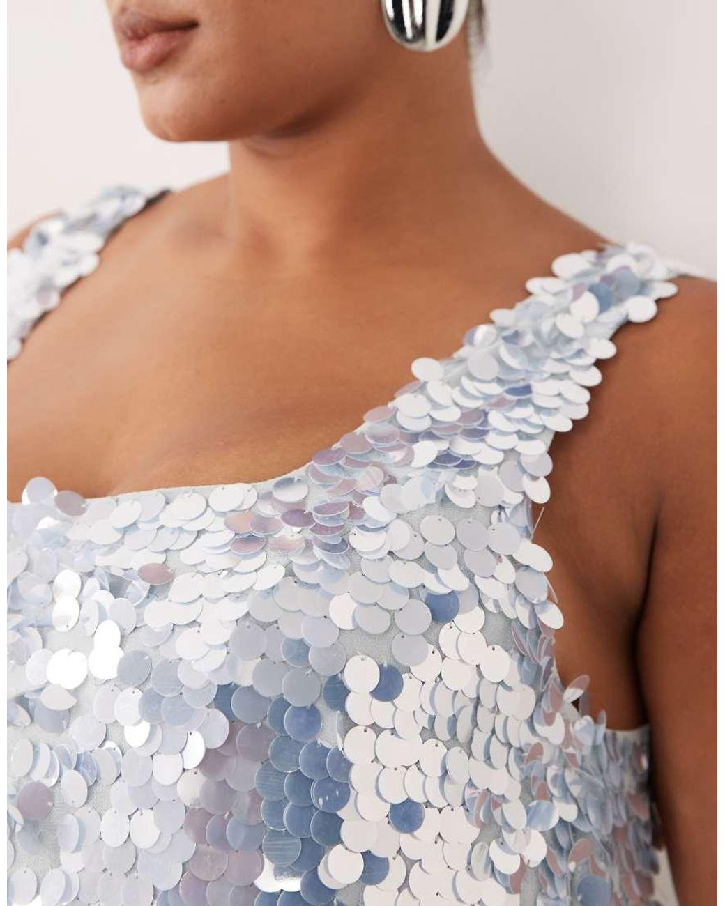 ARRANGE White Curve Embellished Disc Sequin Square Neck Full Skirt Midi Dress