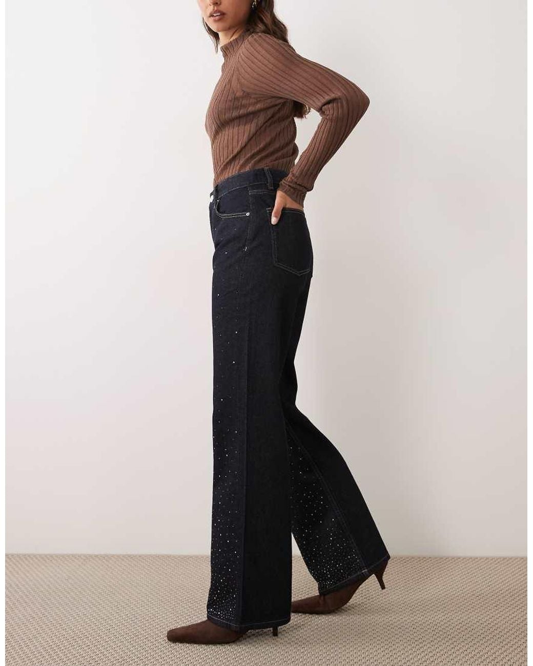 Gina Tricot Blue High Waist Wide Leg Rhinestone Jeans