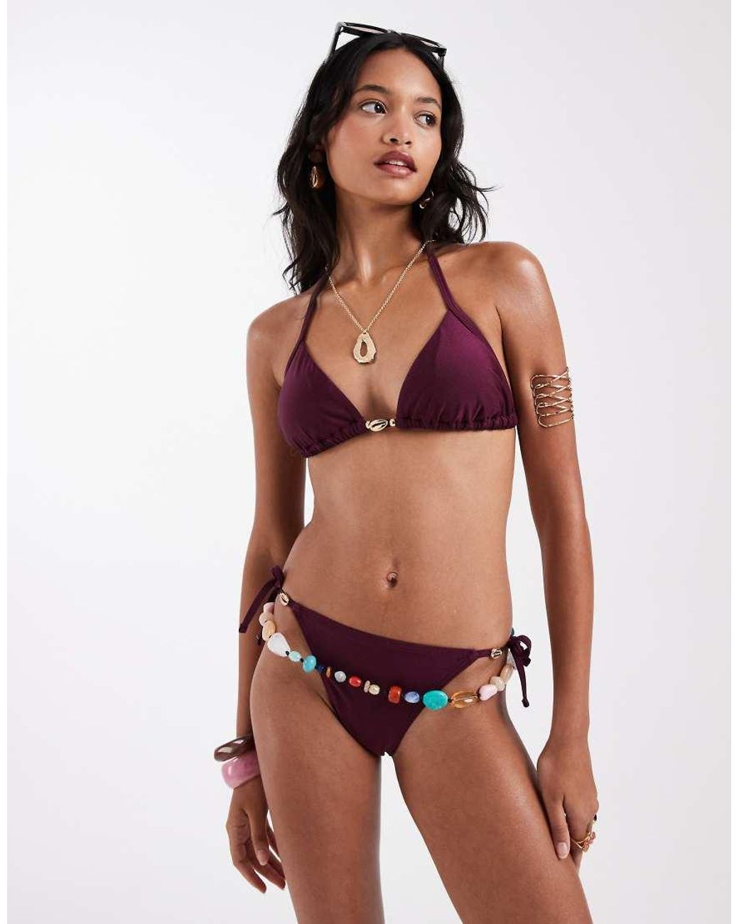 New Look Purple Shell Trim Triangle Bikini Top