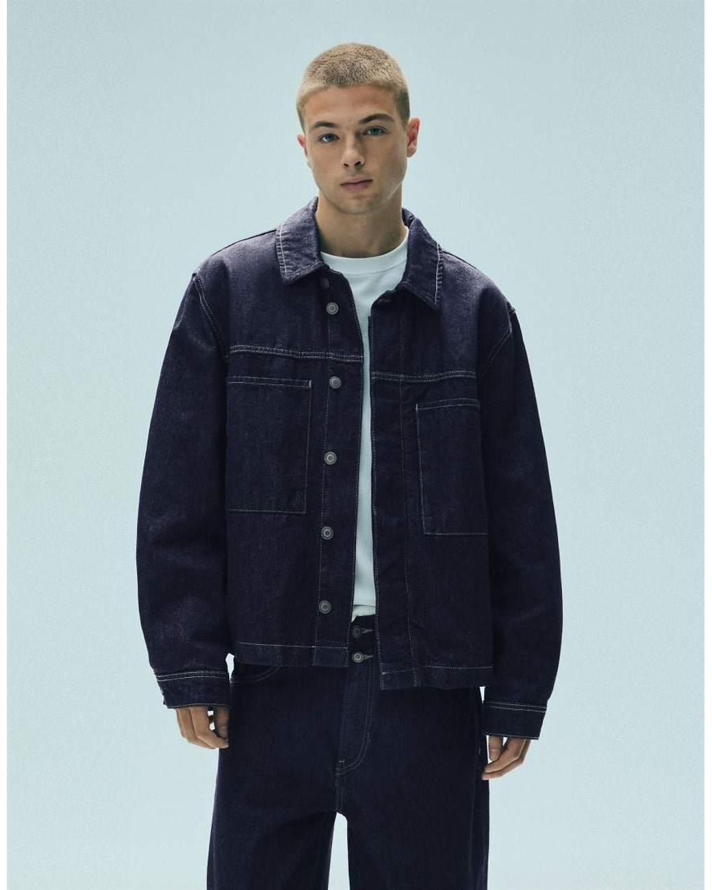 Pull&Bear Blue Denim Jacket With Pockets for men