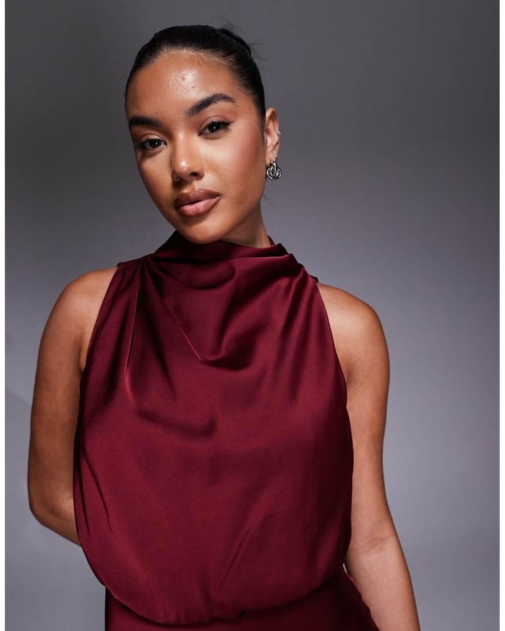 Jarlo Red High Neck Satin Maxi Dress