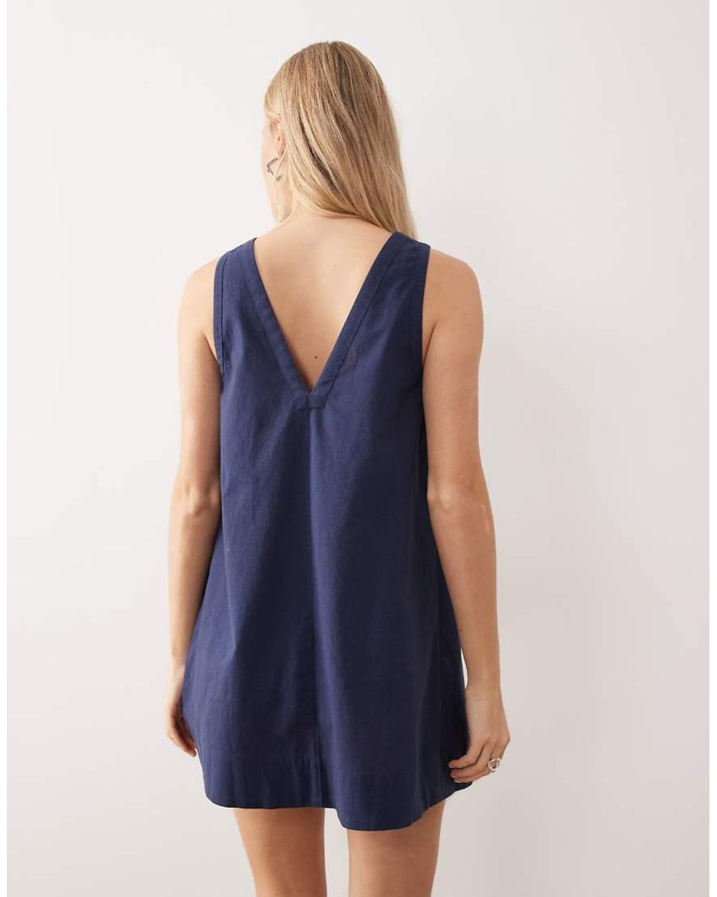 ASOS Blue Cotton Linen V Neck Smock Mini Dress