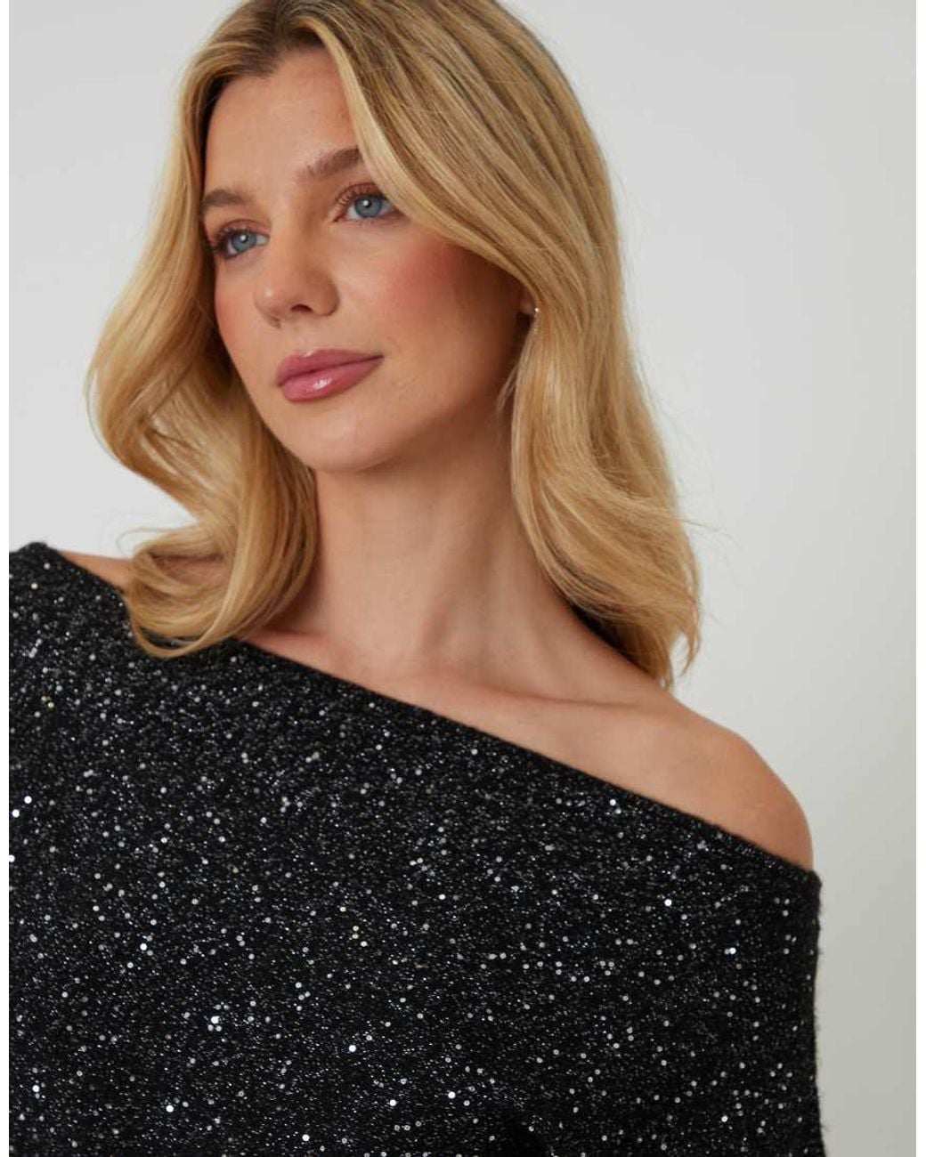 Threadbare Black Knitted Sequin Slash Neck Mini Dress