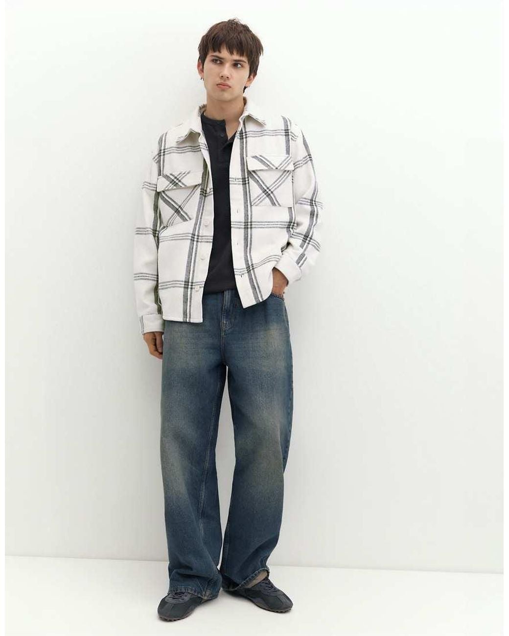 Pull&Bear White Checked Long Sleeve Overshirt for men