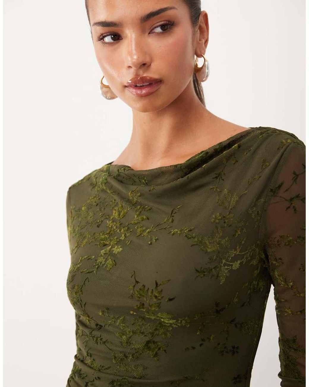 Nobody's Child Green Lana Cowl Neck Long Sleeve Ruched Midi Dress