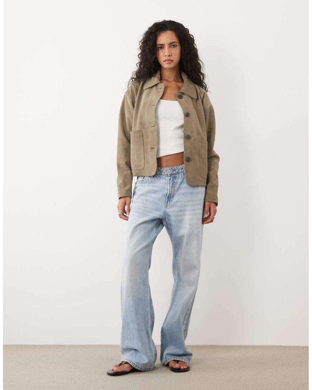Barney's Originals Natural Sage Goat Suede Cropped Harrington