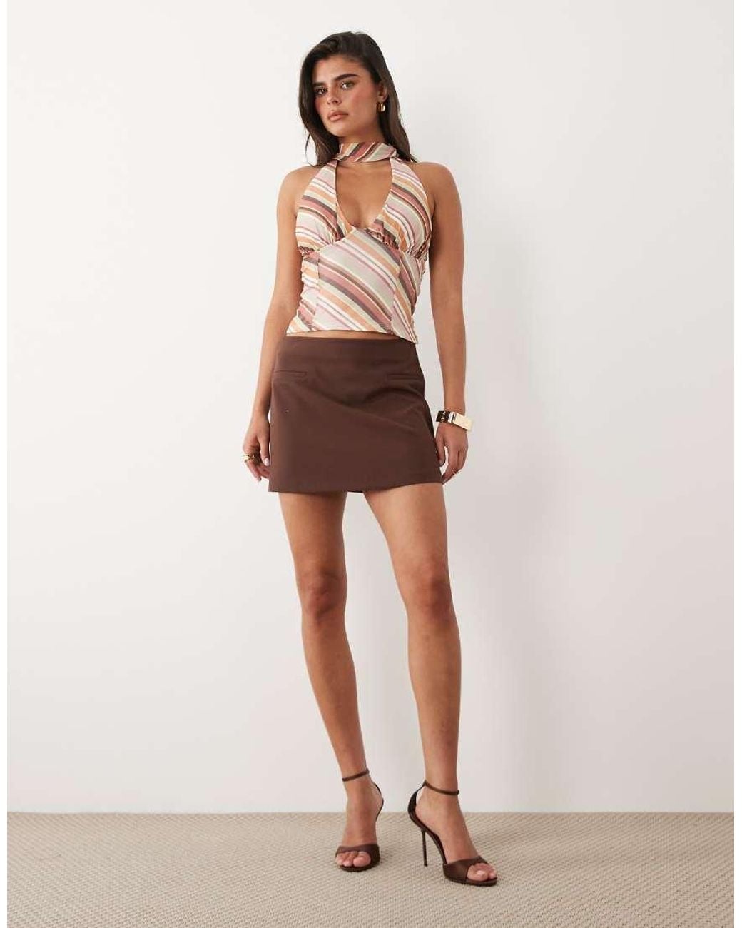 ASOS Brown Scarf Detail V Neck Stripe Mesh Top