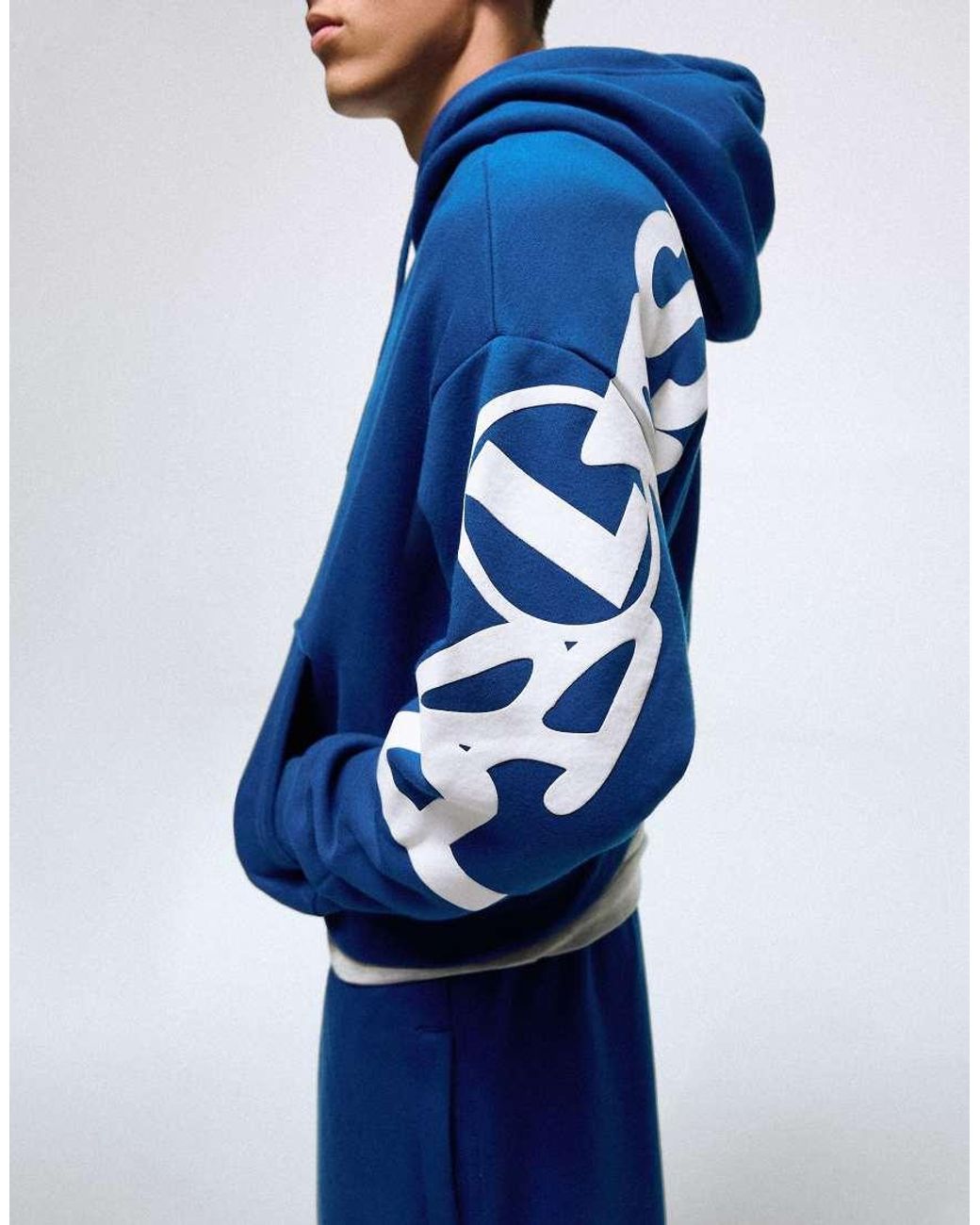 Bershka Blue Printed Hoodie for men