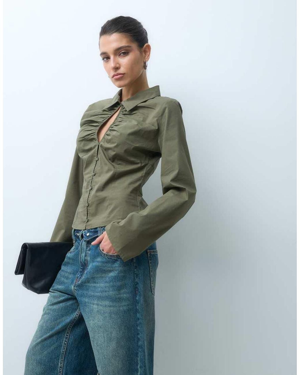 Gina Tricot Green Keyhole Cinched Waist Long Sleeve Shirt