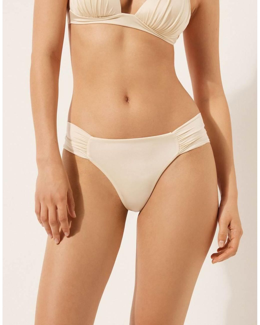 Calzedonia Brown Shiny Satin Ruched Bikini Bottoms