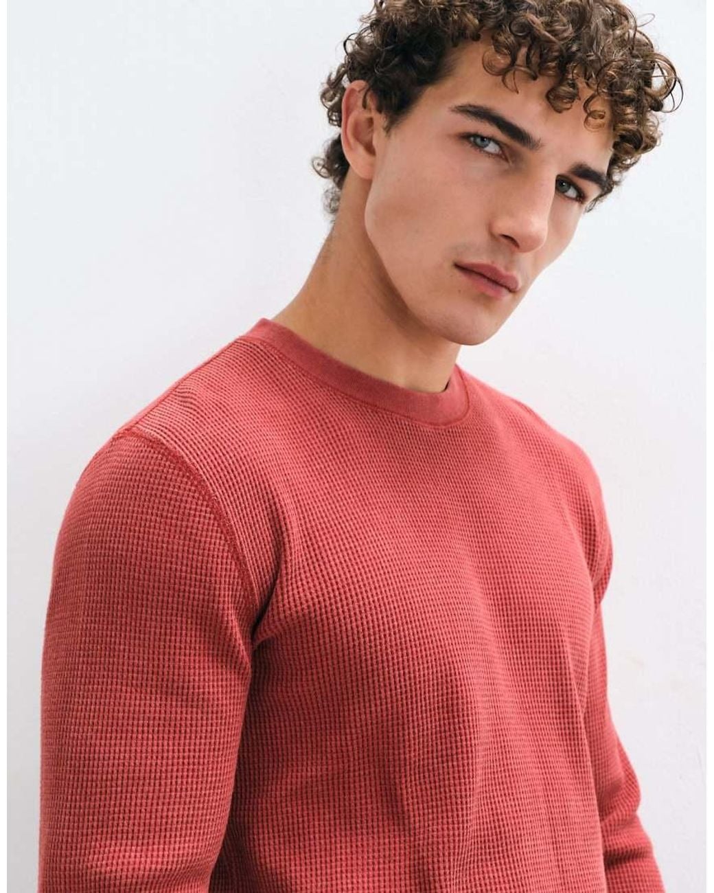 Hollister Red Waffle Long Sleeve Crew Neck Top for men