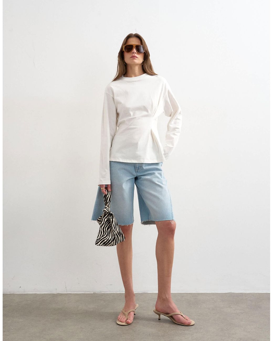 TOPSHOP Tuck Waist Long Sleeve Tee in Natural | Lyst