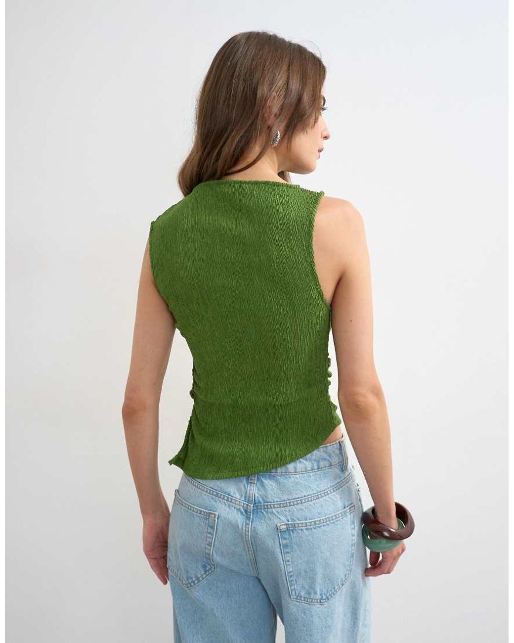 TOPSHOP Green Crinkle Ruched Side Cut Out Sleeveless Top