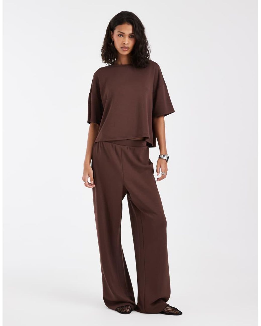 Pieces Brown Short Sleeve Slouchy Sweat Top Co-ord