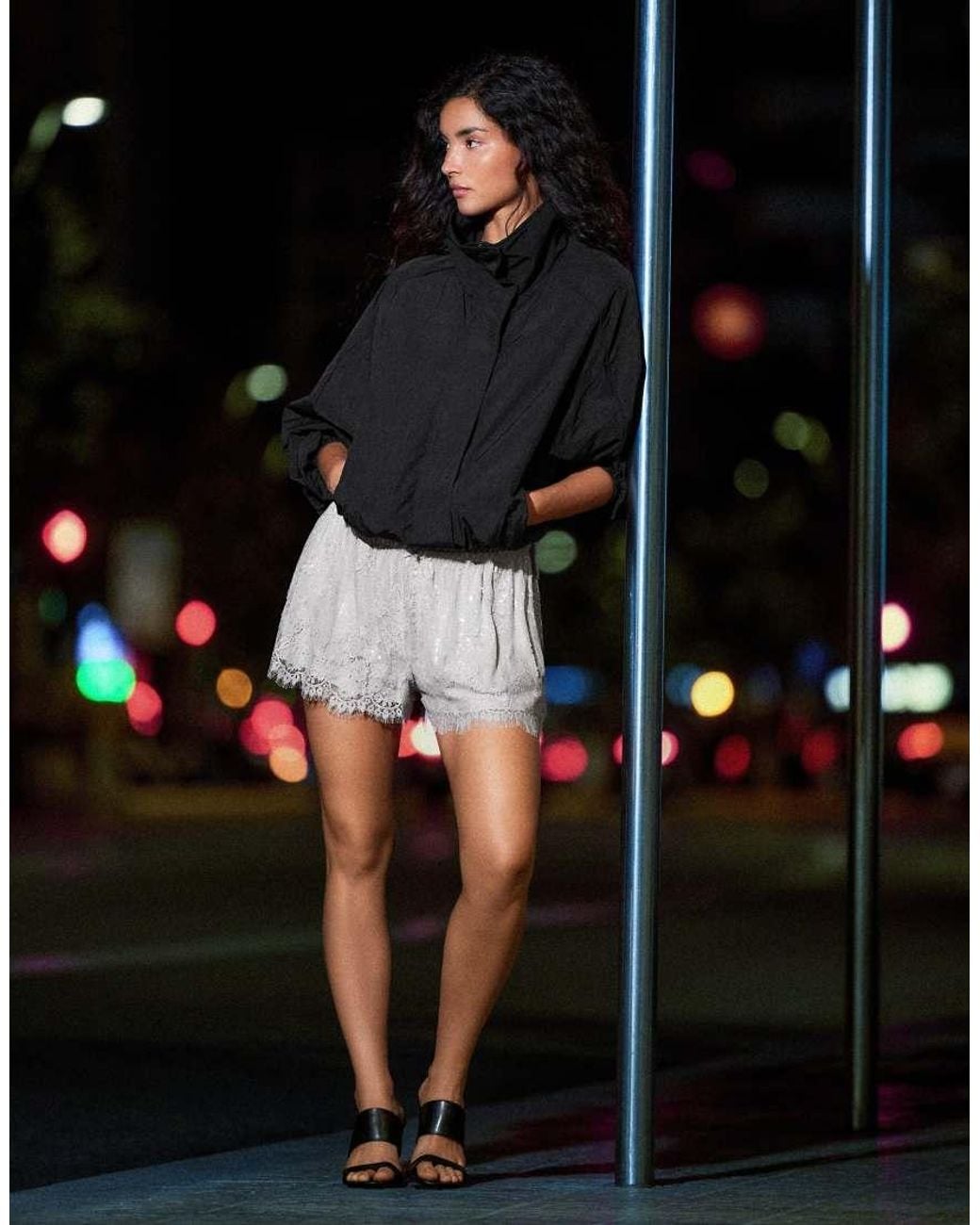 Bershka Black Flowy Lace Sequin Shorts